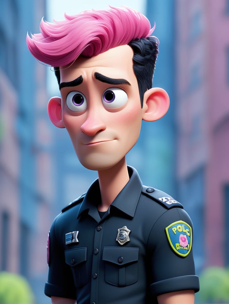 A police male that has short black and pink hair