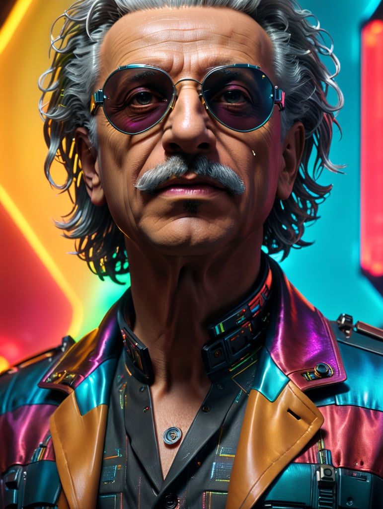 holographic, cyberpunk, Albert Einstein, Max Headroom style
