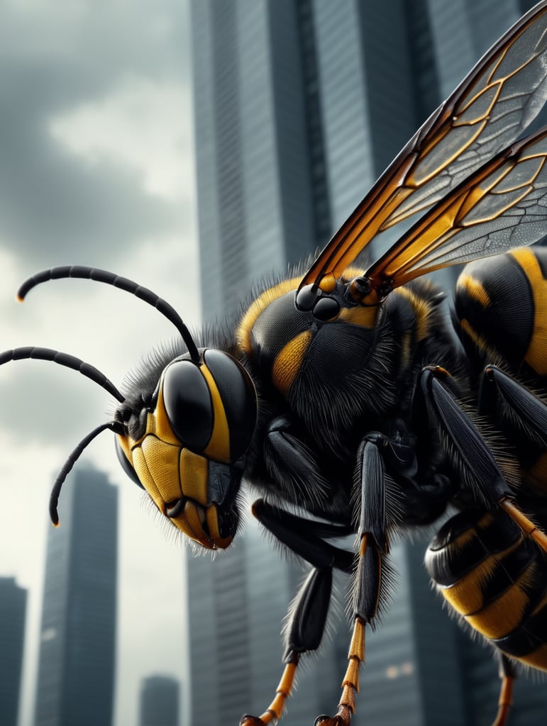 gigantic wasp climbs up on skyscraper side view