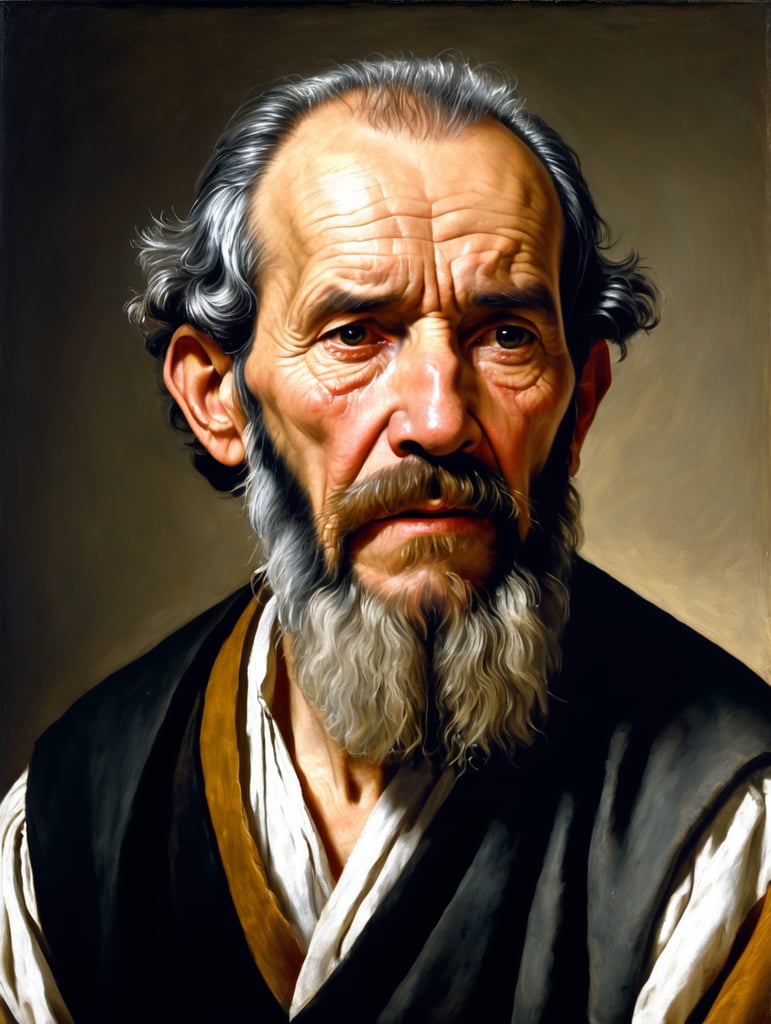 A masterpiece painting by Diego Velázquez, fullshot view of a bearded old man, suffering, the man does not want to pay high taxes and gives away his last goat