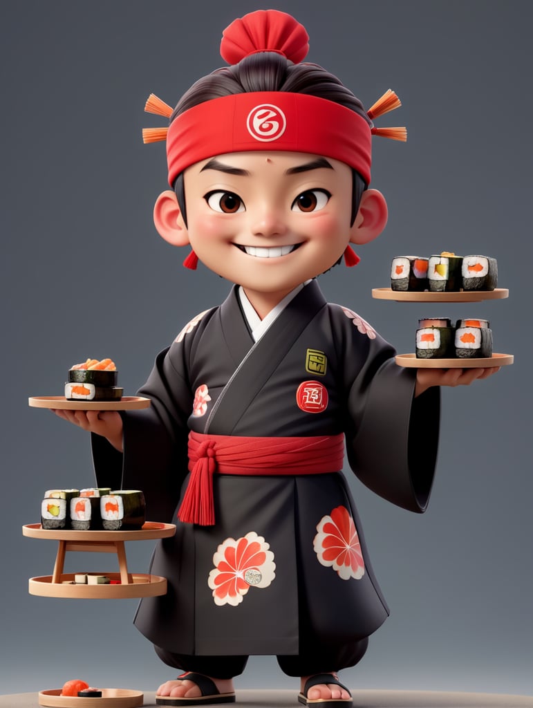 Personagem japonês, masculino jovem, sorrindo, de corpo inteiro, com kimono preto, faixa vermelha na cabeça, segurando uma bandeja com sushi