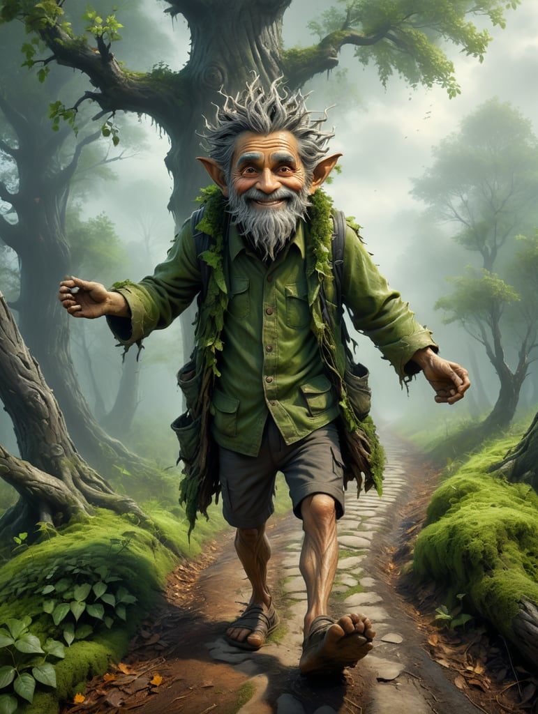 A tree in the shape of a very, very old, friendly, slightly smiling, small wood sprite, a baggy jacket made completely out of Ash leaves and baggy trousers made out of Ash tree bark. Arms raised up to the sky, green skin, bare human feet and untidy hair. Behind him just a misty path.