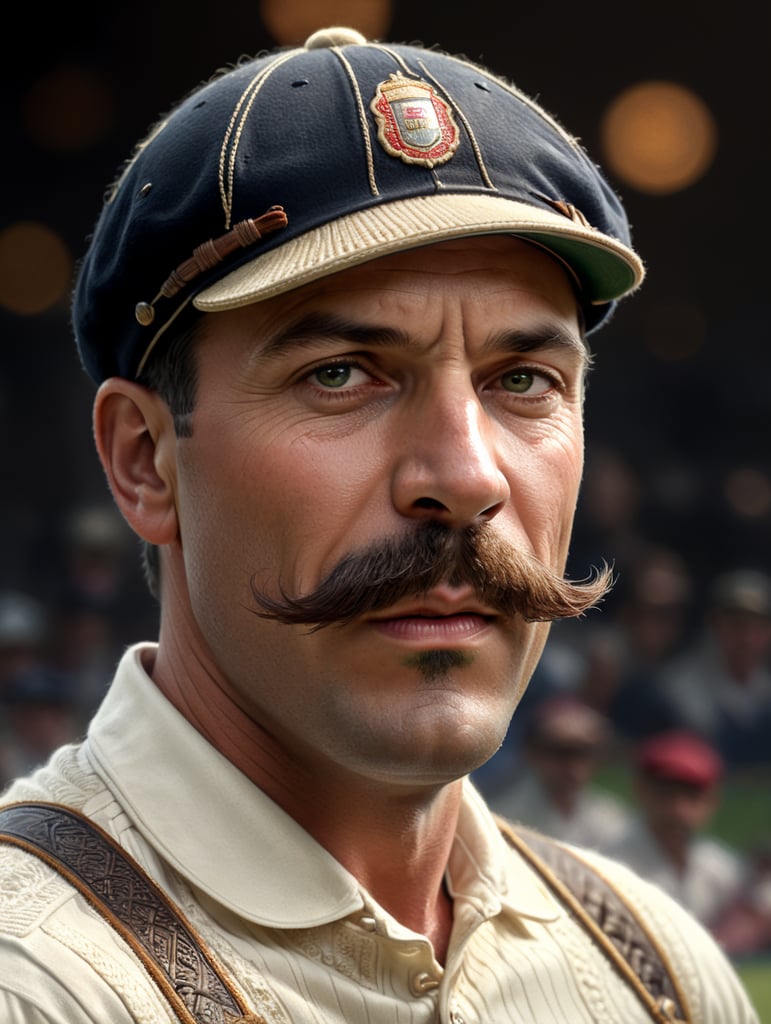 A 1920’s cricketer with a moustache and a cap, ready to bat in the style of a cigarette card