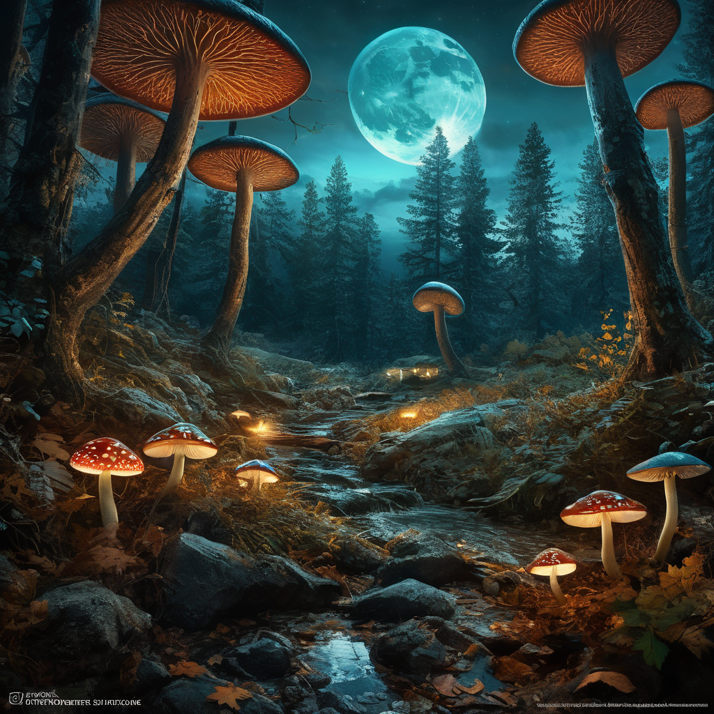 a breathtaking photograph of a dark autumn night scene featuring mystic nordic landscape of a serene forest and magic mushrooms:: blue, cyan::2, inspired by the works of National Geographic and Magnum photographers, captured with a wide-angle lens from a high vantage point::2, highlighting the dark hues and shadows of moon::2