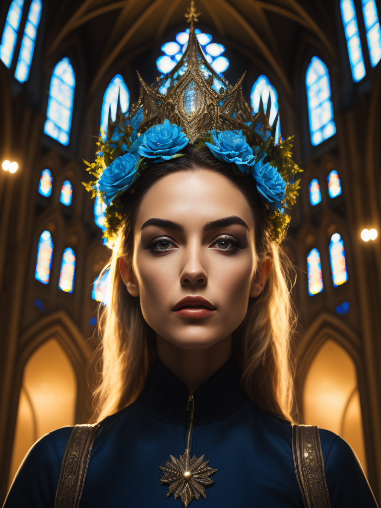 Portrait of a woman with a blue flowers crown, vogue, interior of a tall gothic cathedral, dramatic lighting, incredibly high detail, cyber punk, sun rays, saturated colors, symmetrical, crowd background, full depth of field, neon lights