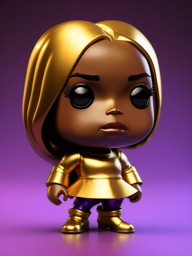 Full body Plastic figurine of of beyoncé with gold hair, gold dress, gold boots, 3d octane render, funko pop, violet background, vibrant colors