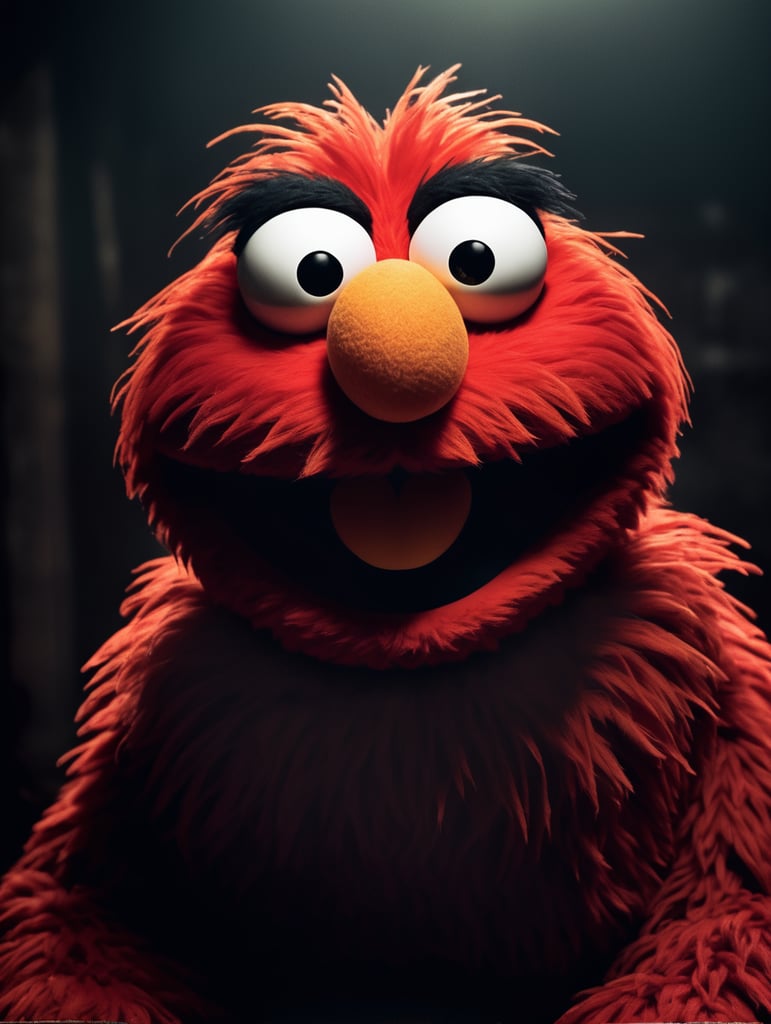 Elmo the muppet, long fangs, scary, terrifying, horror movie, dark, spooky