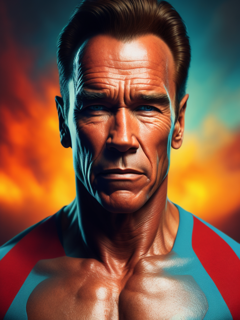 Portrait of Arnold Schwarzenegger, bright and saturated colors, elegant, highly detailed, vogue, fashion magazine, sharp focus, bright expressive makeup, dramatic lighting, depth of field, incredibly high detailed, blurred background