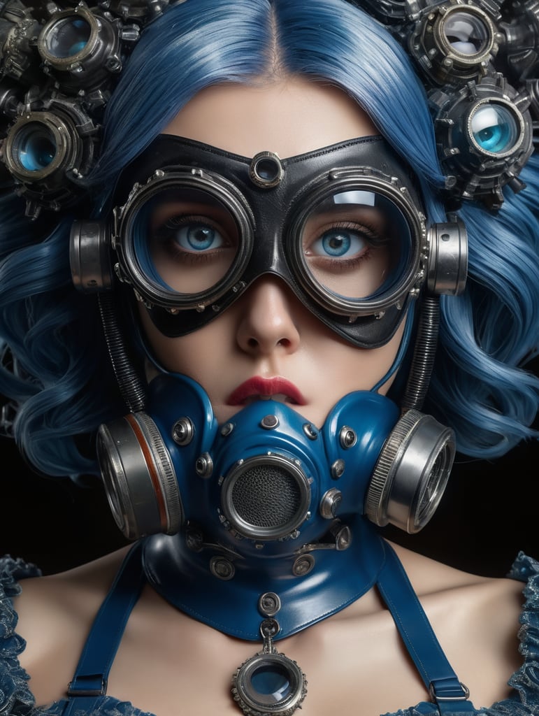 a hyperdetailed hyperrealist maximalist close up photograph of an abstract art surreal girl in a blue dress with a gasmask on in black leather and rubber with glass eyes, the girl has blue hair, maximalist, an image of immaculate quality and with stunning detail in high definition 8K and beyond