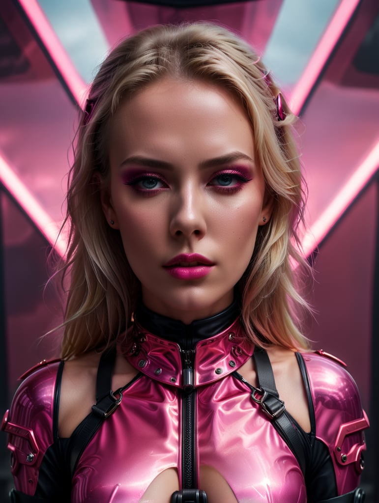 A beautiful blonde female all pink sleek futuristic harness,latex boots, clean makeup, with depth of field, fantastical edgy and regal themed outfit, captured in vivid colors, embodying the essence of fantasy, minimalist