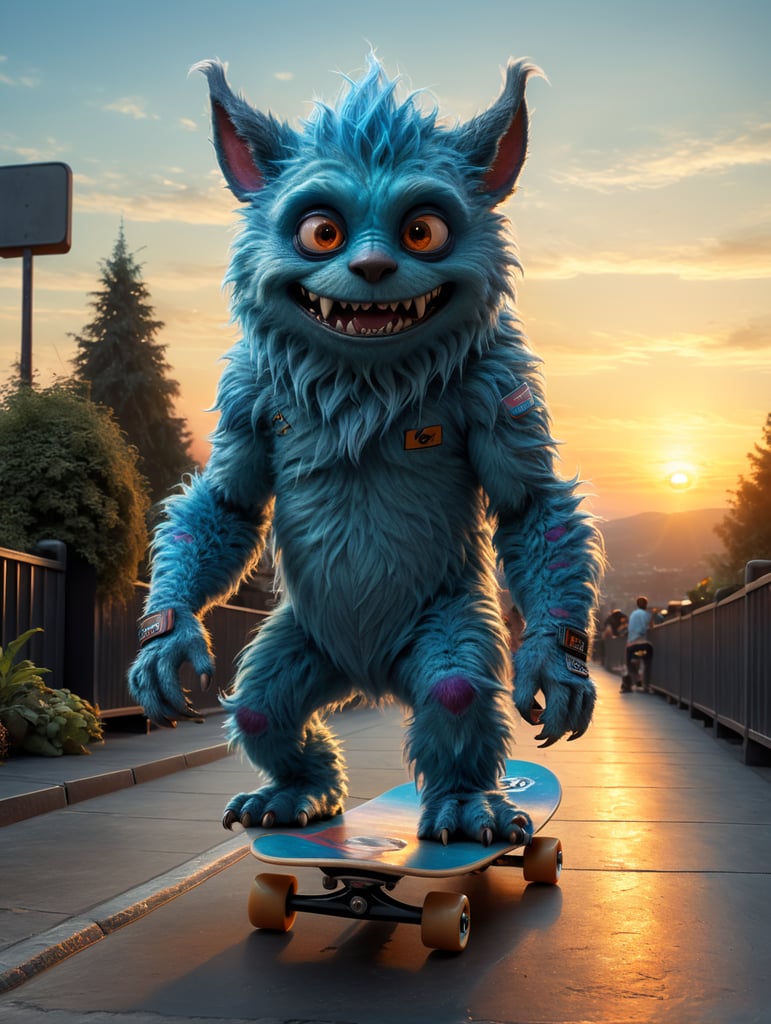 Mounstro pequeño peludo realista gigante de 6 metros azul claro que tenga apariencia amistoso visto de espalda a un lado de un mounstrito pequeño de 60 centímetros en patineta. Viendo un atardecer