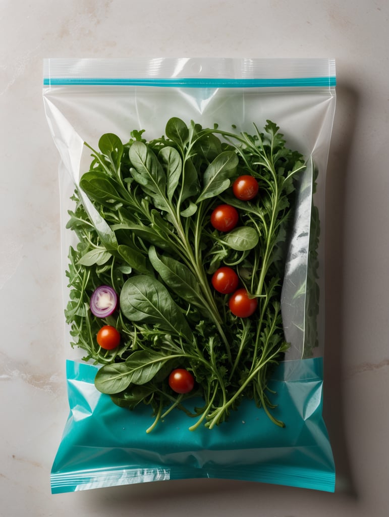 blank Transparent Plastic bag with Arugula Salad, isolated, cyan background, Mockup, mock up