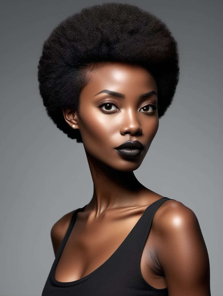 very short hair, very big wide nose, big lips, very skinny, jet black skin is girl, 4c hair afro, darkskin, no shirt