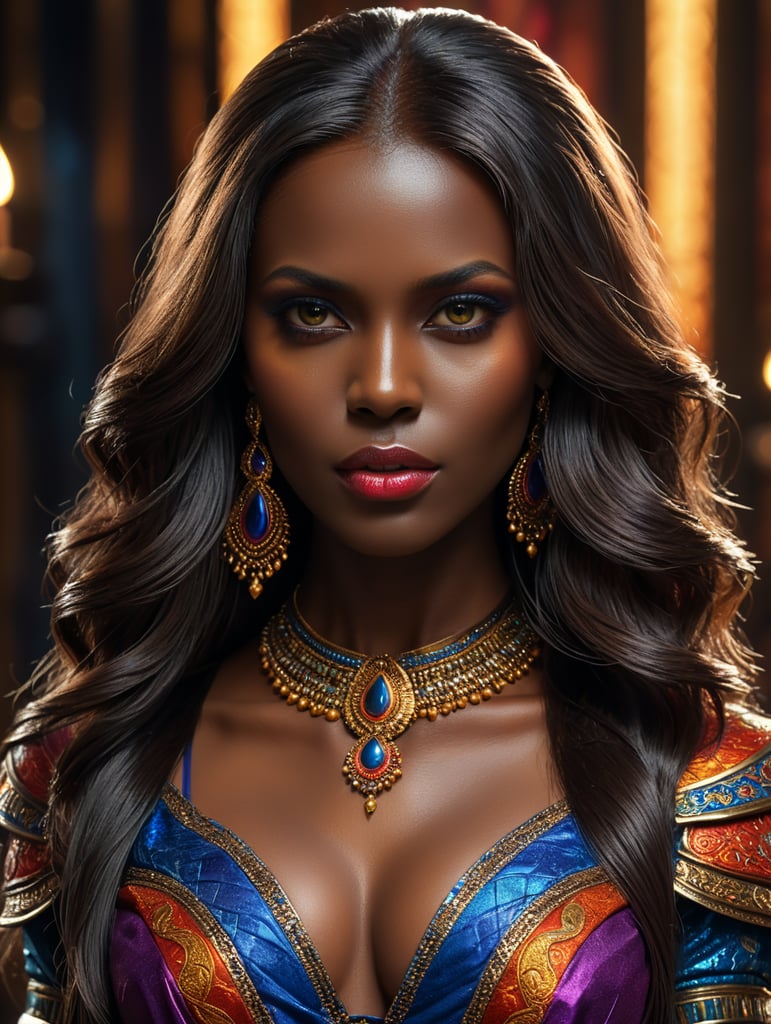 sira kante de corpo inteiro com cabelos lisos e compridos cores vivas e saturadas, elegante, altamente detalhado, foco nítido, maquiagem brilhante e expressiva, iluminação dramática, profundidade de campo, incrivelmente detalhado