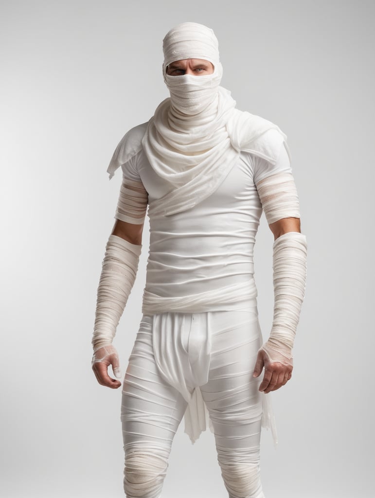A photograph of man covered in bandages with realistic style, halloween costume, white background, full body, show hands, show neck and head