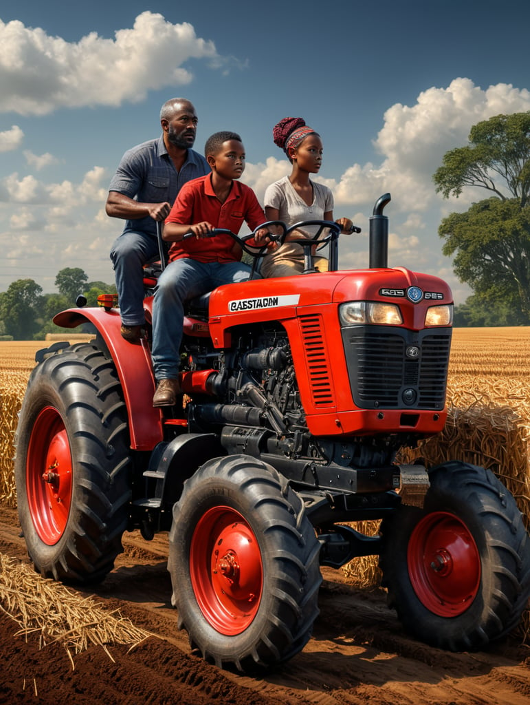 african american family on case red tractor