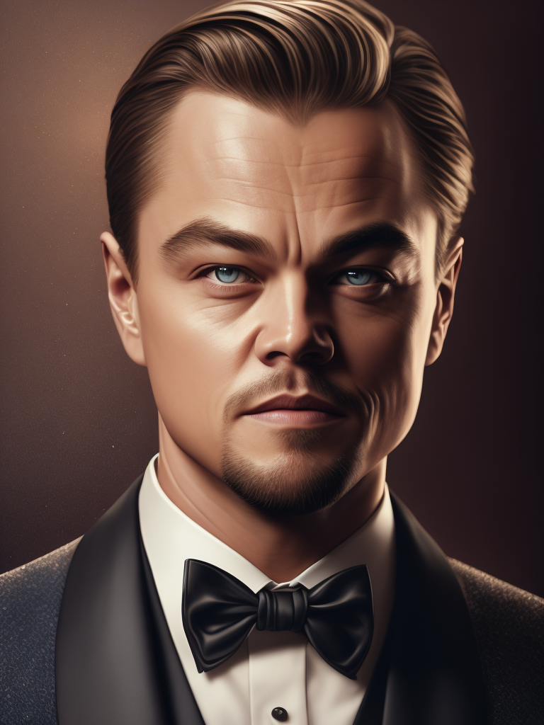 Portrait of Leonardo DiCaprio in a bow tie tuxedo, contrasting light, detailed face, muted tones