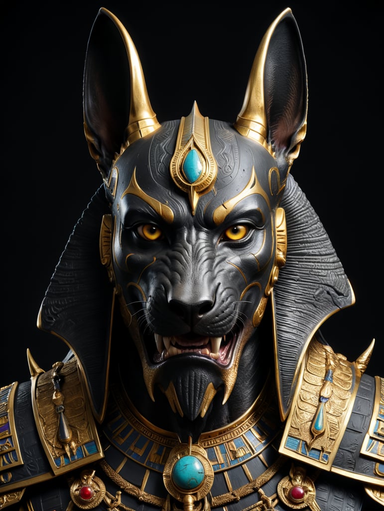 Egyptian god Anubis, portrait, hyper-realistic, dark style, focus on face, sharp on details, black background