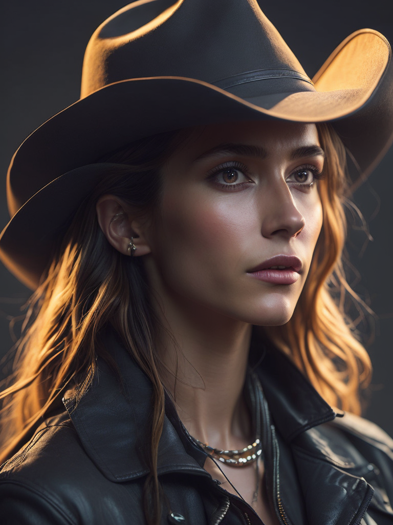 Ultra detailed facial portrait of beautiful woman, wearing cowboy hat, extremely detailed digital painting, in the style of préraphaélite, mystical colors, rim light, electric lighting, stunning scene, west american painting, big sky