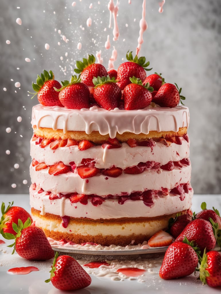 the moment after a strawberry cake explodes from inside, splitting it in two and splattering fragments in all directions, scattering strawberries and cream, very fast shutter speed,volumetric lighting, Reflective glass plate behind and below