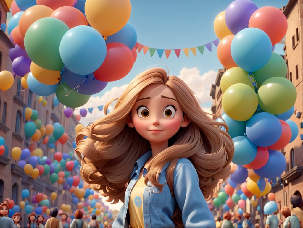 A beautiful girl with long hair is standing in front of a street full of balloons, Pixar animation style