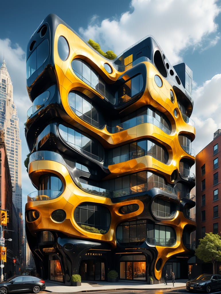 dream prompt: the craziest wide viewing angle lens architectural photo style black palette hyper realistic hyper detailed futuristic neocosmic exterior architecture of a complex Fluid facade with a geometric shapes spectrum, Afarin Sajedi and Agnes Cecile and Alberto Seveso architecture styles, epic Aliza Razell, day's ambience, sunny day, in new york city 2040s, gold::1 black:3, natural lighting, camera nikon, 8k, --s1000 --style raw, detailerd and intricate, you can imagine