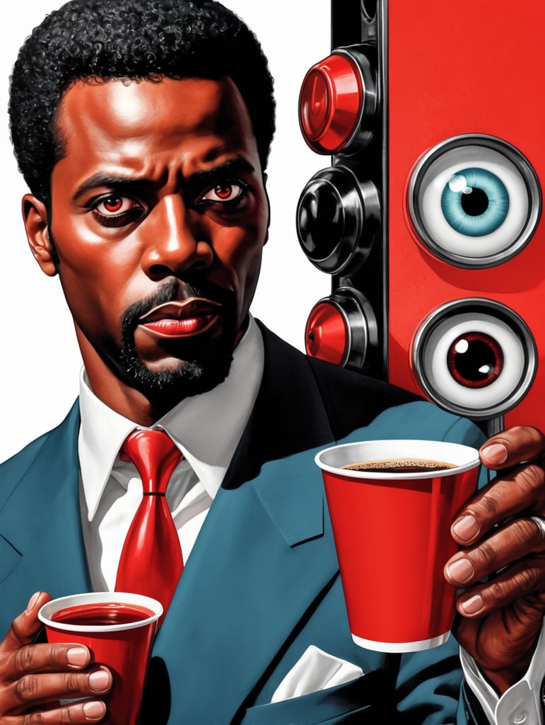 Miami black man holding a red cup eye-catching poster-style drawing and illustration representing the iconic pulp style.