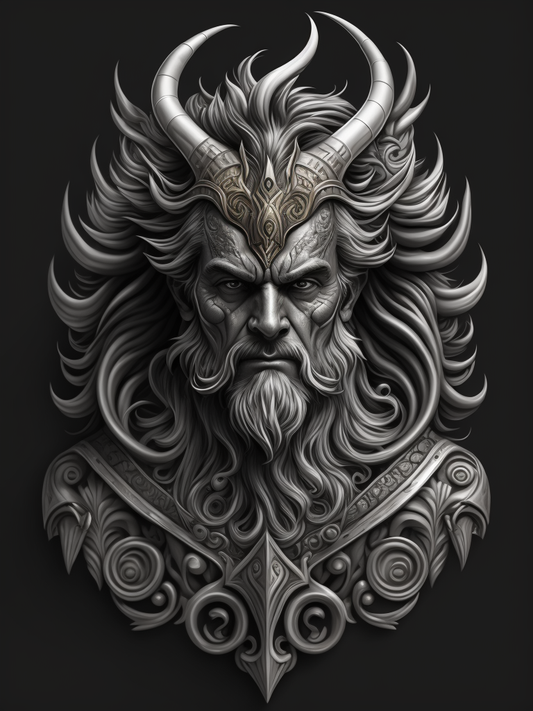 A vector art of a Poseidon head tattoo, black and white