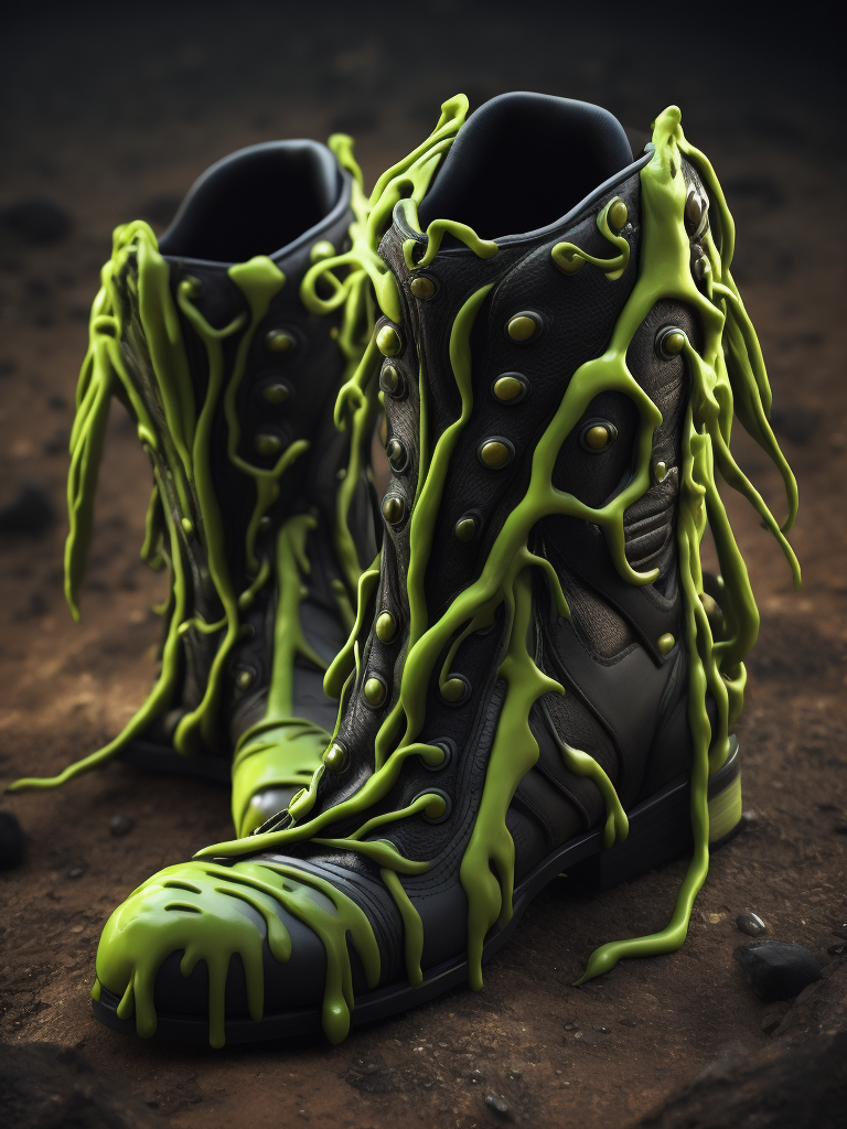 realistic photo of organic shoes make from dark slime, sci-fi, alien, deep atmosphere, dark, saturation, vibrance, sharp on details