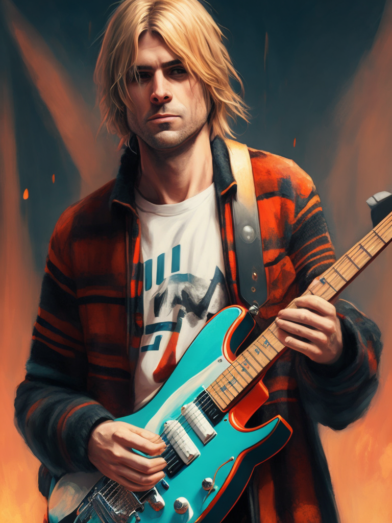 Kurt Cobain is wearing a black and red striped sweater, with an electric guitar, Vivid saturated colors, Contrast light, studio photo, professional photo, Detailed image, detailed face