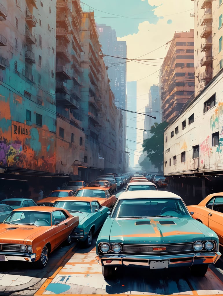 gathering of American cars in a parking lot, summer USA