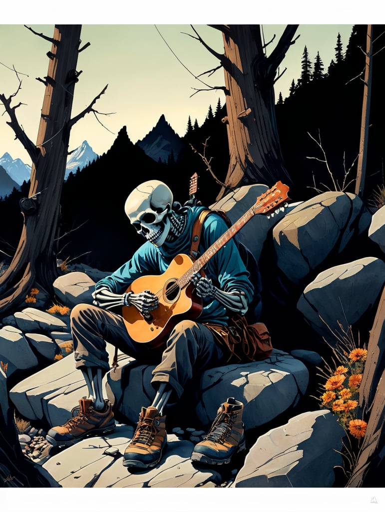 Dead body playing a guitar, Sitting on a rock. Skeleton, mountains in the background. Climber clothing, Mountaineering boots. Ice axe stuck in the head. Charles burns illustration style