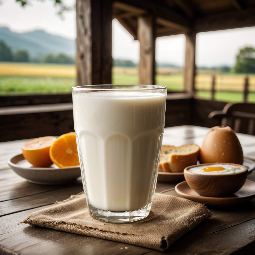 A mockup of a glass of milk, early morning, farm breakfast, blurred background
