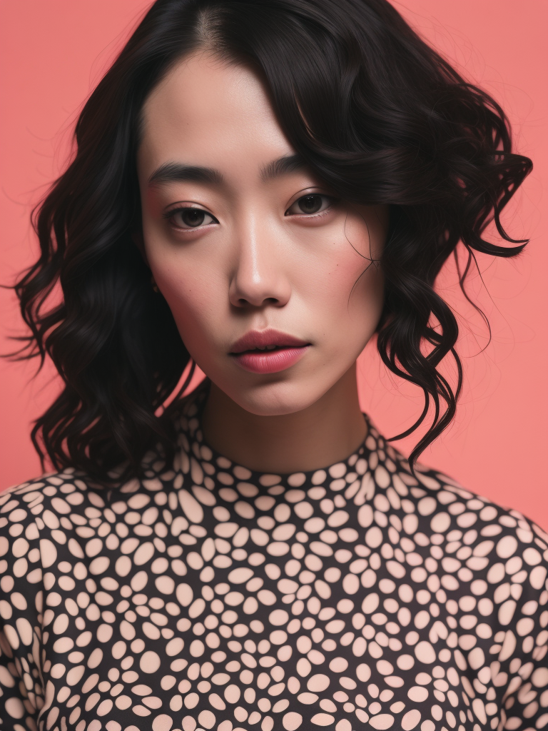 female face, colorful pattern, swollen , and a pink sweater, in the style of dan matutina, dreamy atmosphere, ina wong, lighthearted, yayoi kusama, pensive poses, social media portraiture