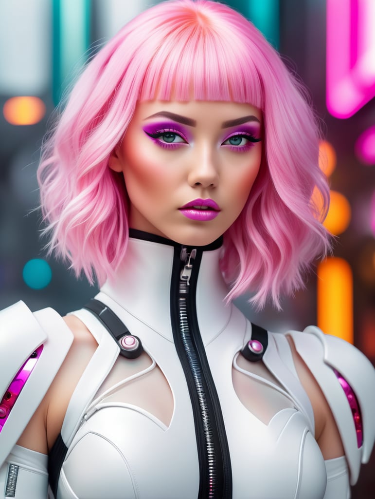 An hyper-realistic, beautiful pink haired female artist all white sleek futuristic outfit, details, design, clean makeup, with depth of field, fantastical edgy and regal themed outfit, captured in vivid colors, embodying the essence of fantasy, cyber, pop surrealism, minimalist, film grain, holding object.