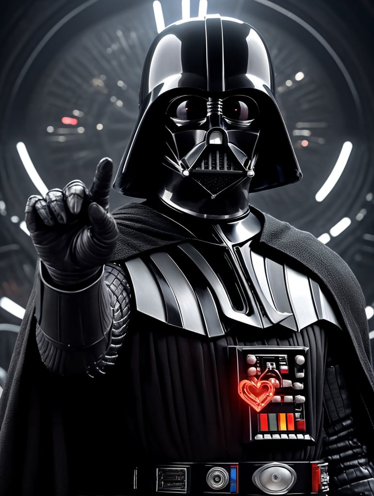 Darth Vader making a gesture hand heart forms a heart shape using their fingers to the Death Star, camera capturing him from his back