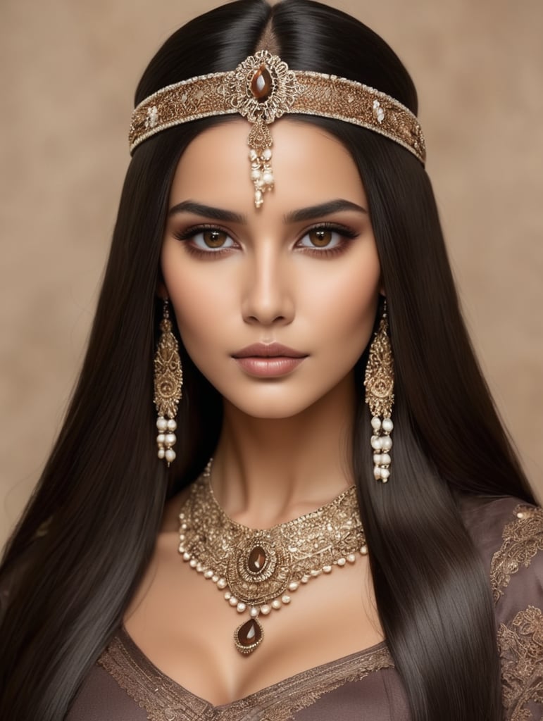 Beautiful queen, dark long straight hair, dark fabric, head accessories and brown eyes