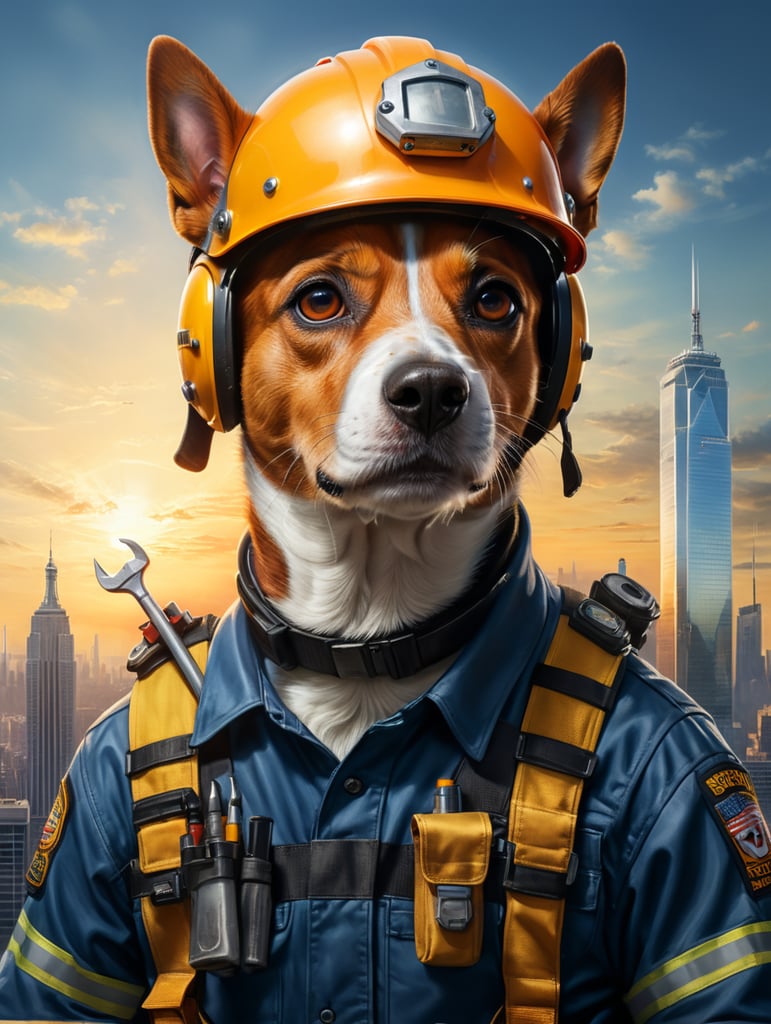 Photorealistic portrait of a jack russell dog in a security Skyscraper worker's outfit with helmet and tools, realism, He works on the edge of the void, New York in background, summer rising sun