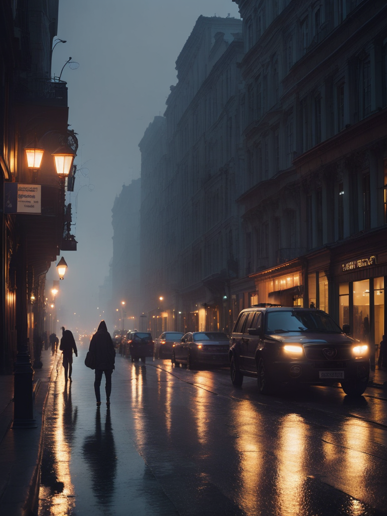 A city street in the night, rainy weater, little fog and people and cars