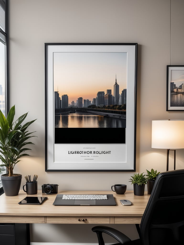 a rectangular frame mockup in a office, the office has a simple design, the office was a black table with a laptop