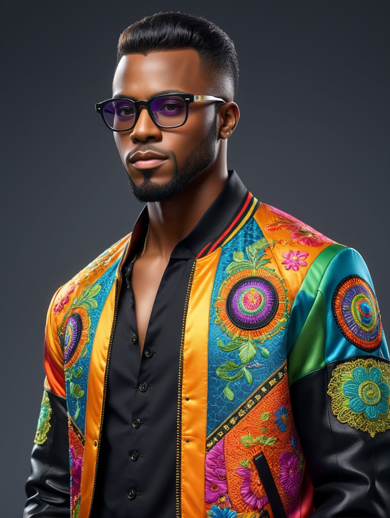 Beautiful black man with straight hair combed to the side, wearing square black glasses, wearing a colorful, vibrant and detailed embroidered jacket, using a computer, Disney Pixar 3d style image