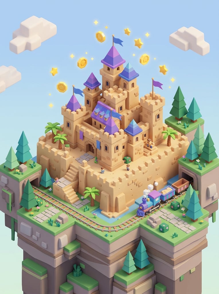 3D isometric blocky sand castle, purple and blue roofs, floating gold coins, geometric pine trees, floating terrain islands, miniature train tracks, soft matte textures, pastel color palette, playful cartoon rendering