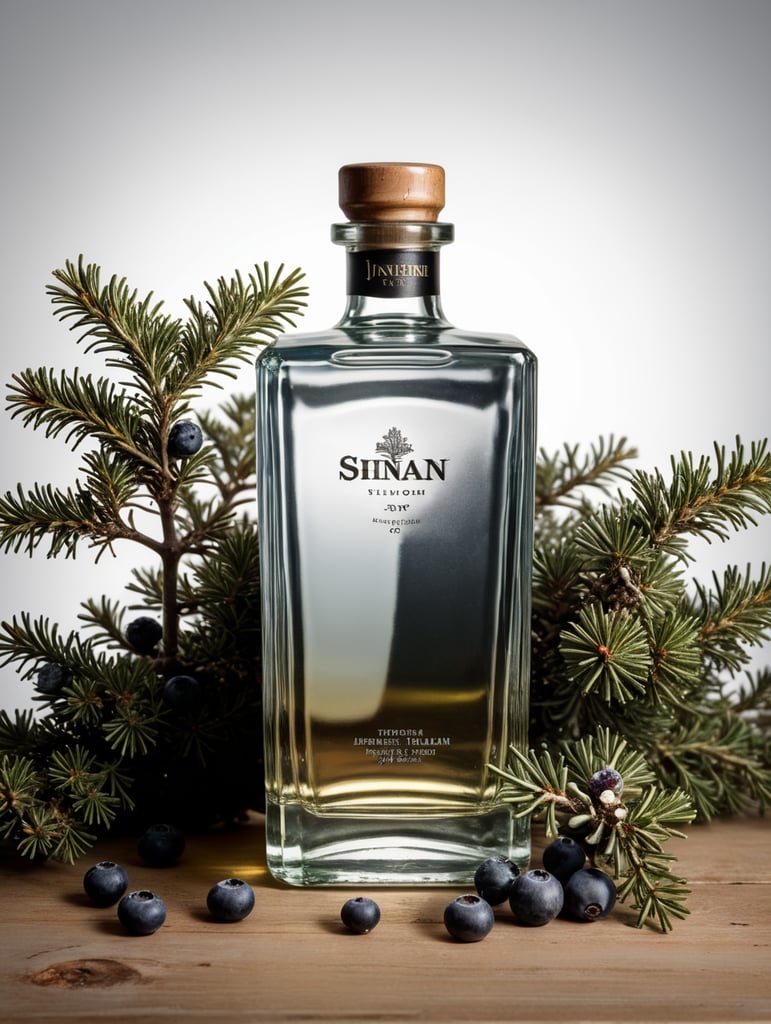 professional photography of a square gin bottle, square bottle, surrounding a juniper and juniper berries, one shot of gin in a front, no label, clear, mockup