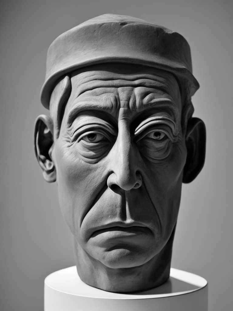 ein trauriger keramikkopf im sinne von peter voulkos und man ray. schwarz weiß foto