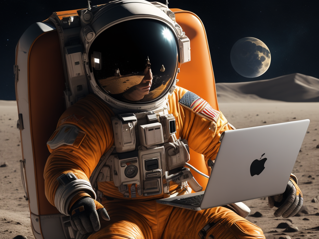 Astronaut on the moon with orange suite working on laptop