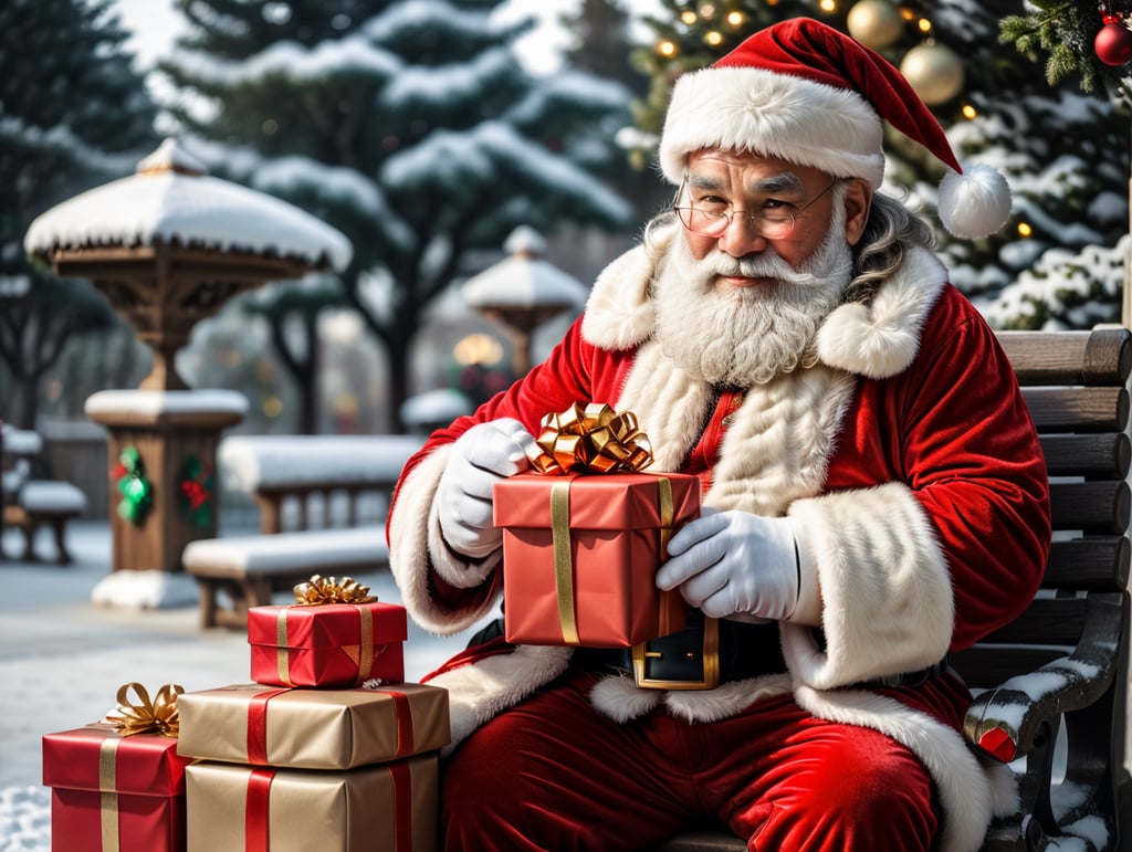 Santa Claus sitting on a snowy bench with presents