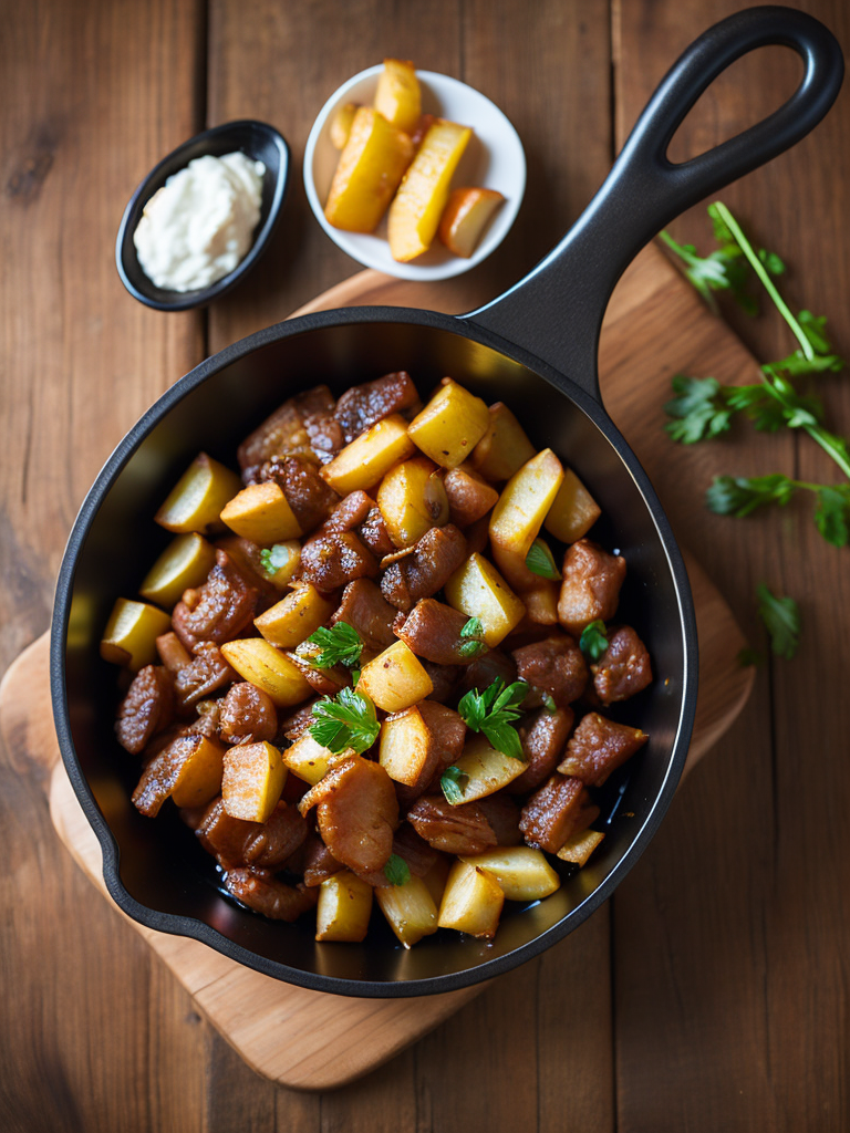 fried potatoes with juicy fried meat on a wooden background