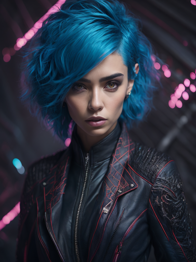 official art, unity 8k wallpaper, ultra detailed, beautiful and aesthetic, masterpiece, best quality, (zentangle, mandala, tangle, entangle), 1girl, extremely detailed, dynamic angle, elegant, atmospheric, ecstasy of life, mechanical arm, neon lights, (black leather pants), (black leather jacket:1. 3), midriff, l, (short messy blue hair:1. 6),