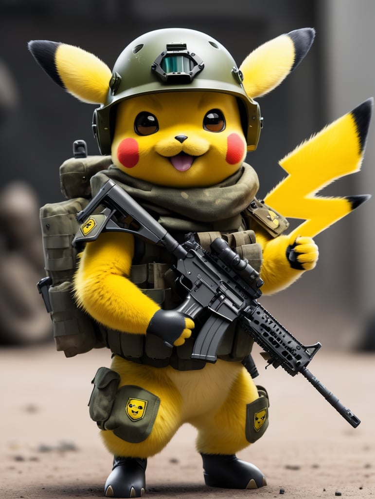 Smiling cute pikachu in tactical attire, with kalachnikov and night vision helmet