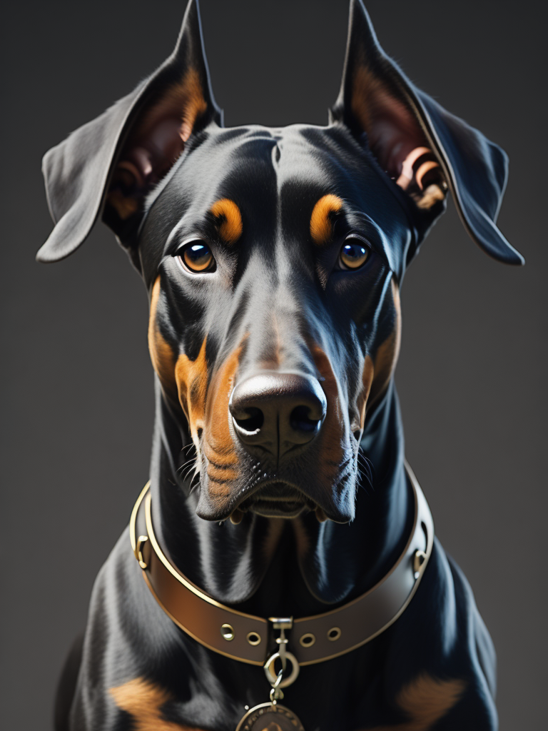 Doberman dog holding two pistol and looking at the camera